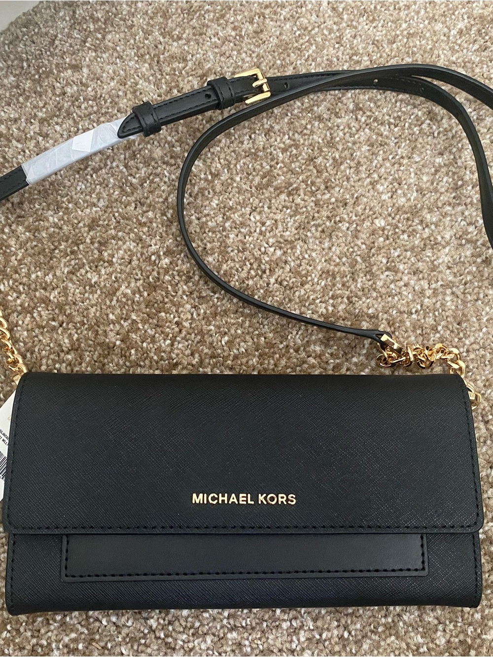NWT Michael Kors Black Leather 2IN1 WLLT on Gold Chain XBODY